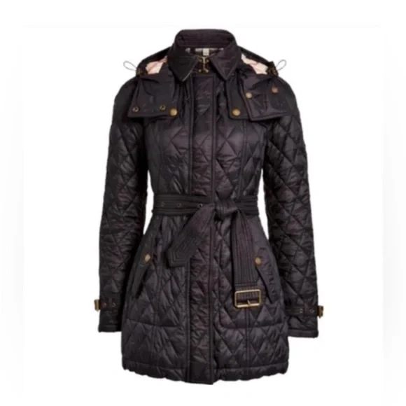 Burberry Finsbridge Black Quilted Belted Hooded Jacket Coat